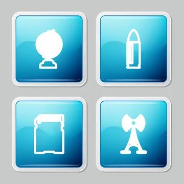 Set line Earth globe, Bullet, SD card and Antenna icon. Vector Stock Illustration