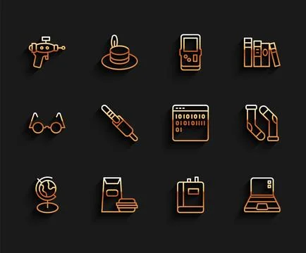 Set line Earth globe Burger Ray gun Book Laptop Audio jack Socks and Binary c 库存插图