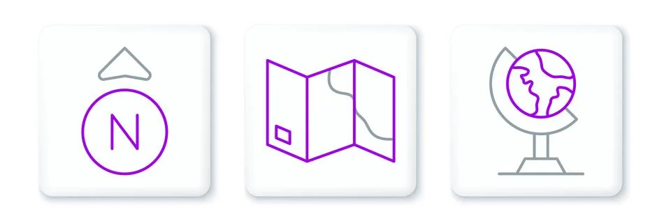 Set line Earth globe, Compass and Folded map icon. Vector 스톡 일러스트