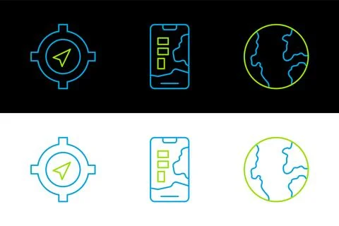 Set line Earth globe, Compass and City map navigation icon. Vector Illustrazione stock