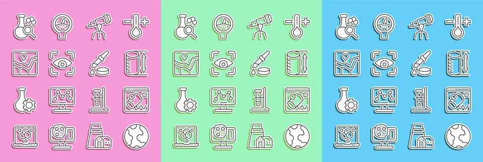 Set line Earth globe, Data visualisation, Height geometrical figure, Telescope Stock Illustration