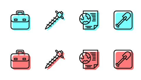 Set line Earth globe with document, Briefcase, Construction jackhammer and イラスト素材