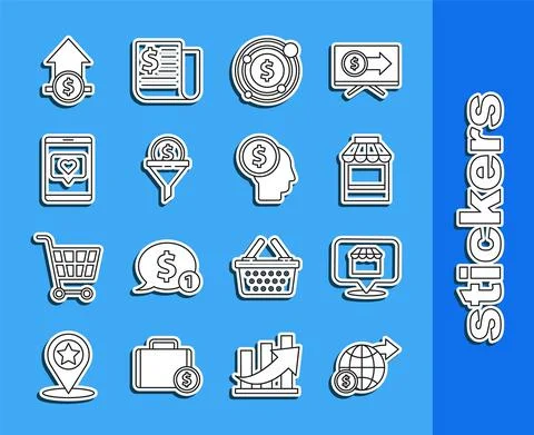 Set line Earth globe with dollar, Shopping building or market store, Target Ilustración de archivo