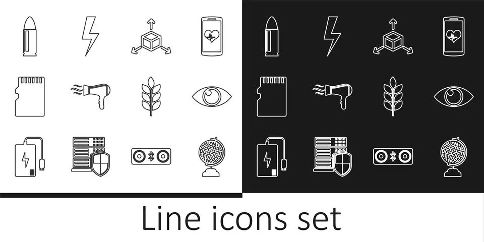 Set line Earth globe, Eye, Isometric cube, Hair dryer, Micro SD memory card Stock Illustration