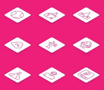 Set line Earth globe, Full dustbin, Deforestation, CO2 emissions cloud, Withered Stock Illustration