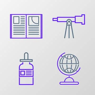 Set line Earth globe, Glass bottle with pipette, Telescope and Open book ic.. Ilustração Stock
