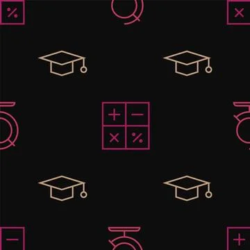 Set line Earth globe, Graduation cap and Calculator on seamless pattern. Vect Illustrazione stock