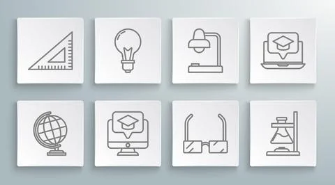 Set line Earth globe, Light bulb with concept of idea, Monitor graduation c.. Stock Illustration