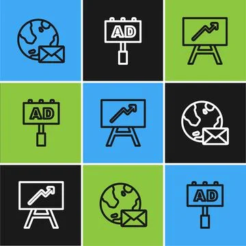 Set line Earth globe with mail, Board graph chart and Advertising icon. Vector Stock Illustration