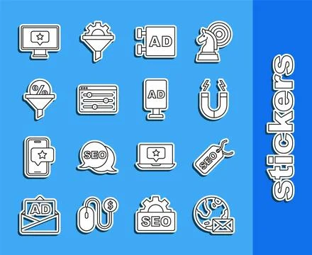 Set line Earth globe with mail, SEO optimization, Magnet, Advertising, Browser Illustrazione stock