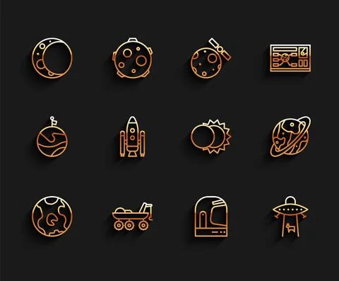 Set line Earth globe, Mars rover, Moon, Astronaut helmet, Planet, Space shuttle Ilustração Stock