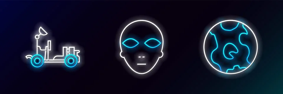 Set line Earth globe, Mars rover and Alien icon. Glowing neon. Vector Stock Illustration