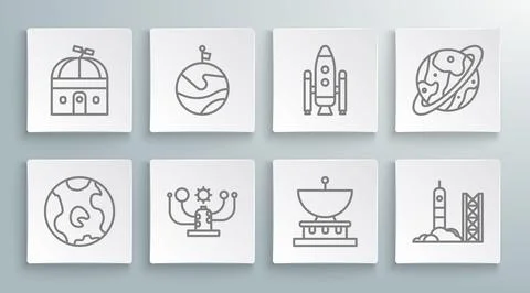 Set line Earth globe, Moon with flag, Solar system, Planet Saturn, Rocket l.. Illustrazione stock