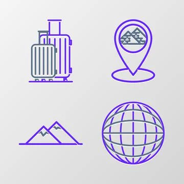 Set line Earth globe, Mountains, Map pointer with Egypt pyramids and Suitcase 스톡 일러스트