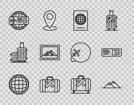 Set line Earth globe, Mountains, Passport with biometric data, Suitcase for Stock Illustration