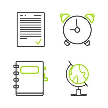 Set line Earth globe, Notebook, Alarm clock and Exam sheet with check mark .. Stock Illustration