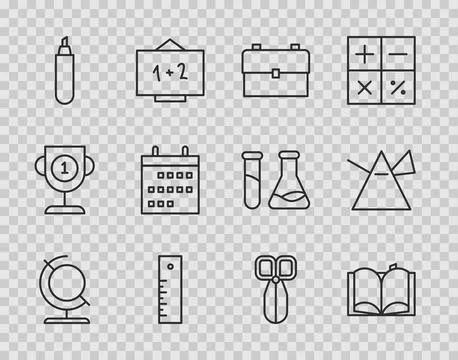 Set line Earth globe, Open book, School backpack, Ruler, Marker, Calendar Stock Illustration