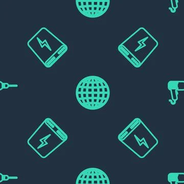 Set line Earth globe, Power bank and Drill machine on seamless pattern. Vector Illustrazione stock