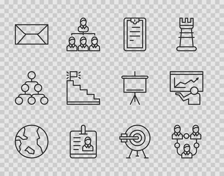 Set line Earth globe, Project team base, Clipboard with checklist, Identifi.. Stock Illustration