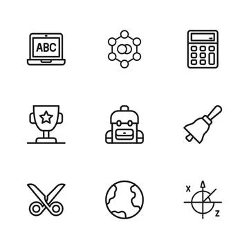 Set line Earth globe, Ringing bell, Trigonometric circle, School backpack, .. Illustrazione stock