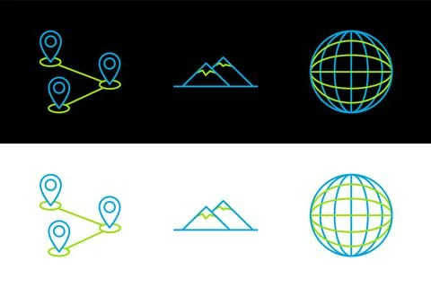 Set line Earth globe, Route location and Mountains icon. Vector イラスト素材