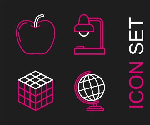 Set line Earth globe, Rubik cube, Table lamp and Apple icon. Vector Illustrazione stock