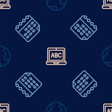 Set line Earth globe, School timetable and Laptop on seamless pattern. Vector Stock Illustration