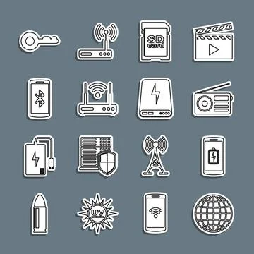Set line Earth globe, Smartphone battery charge, Radio, SD card, Router and.. Stock Illustration