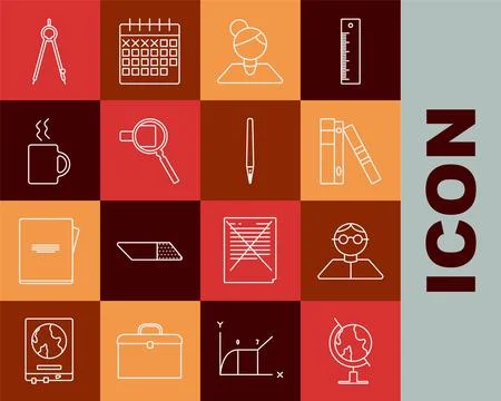 Set line Earth globe, Student, Office folders with papers and documents, Teacher Stock Illustration