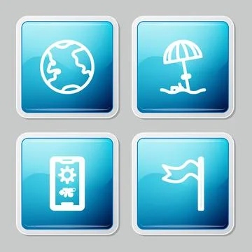 Set line Earth globe, Sun protective umbrella for beach, Weather forecast and Stock Illustration