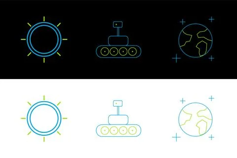 Set line Earth globe, Sun and Mars rover icon. Vector Stock Illustration