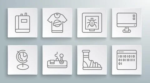 Set line Earth globe, T-shirt, Gamepad, Slippers with socks, Binary code Stock Illustration