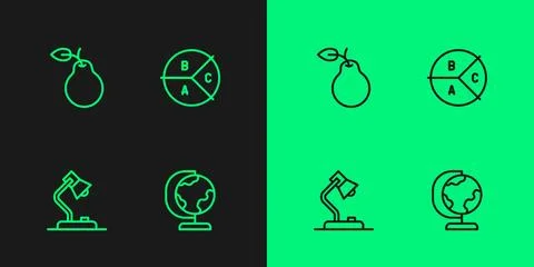 Set line Earth globe, Table lamp, Pear and Pie chart infographic icon. Vector Stock Illustration