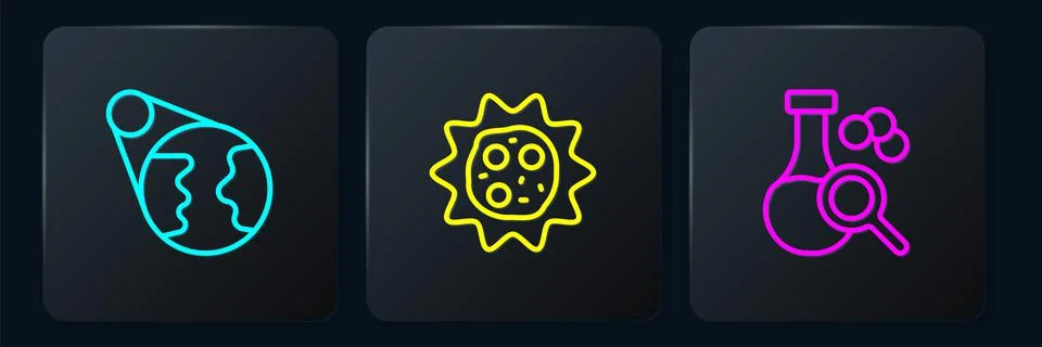 Set line Earth globe, Test tube and Virus. Black square button. Vector Stock Illustration