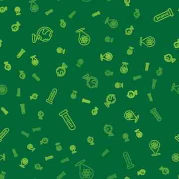 Set line Earth globe, Test tube and Atom on seamless pattern. Vector Stock Illustration