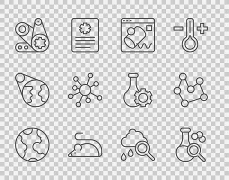 Set line Earth globe, Test tube, Data visualisation, Experimental mouse, Ti.. Illustrazione stock