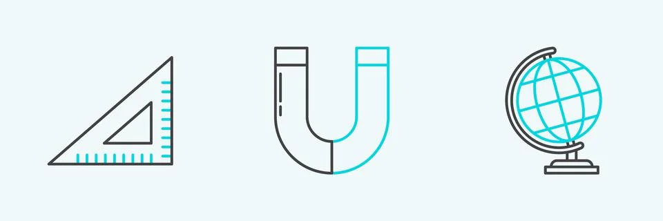 Set line Earth globe, Triangular ruler and Magnet icon. Vector Illustrazione stock