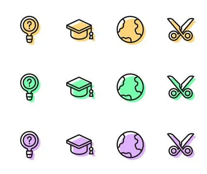Set line Earth globe, Unknown search, Graduation cap and Scissors icon. Vector Stock Illustration
