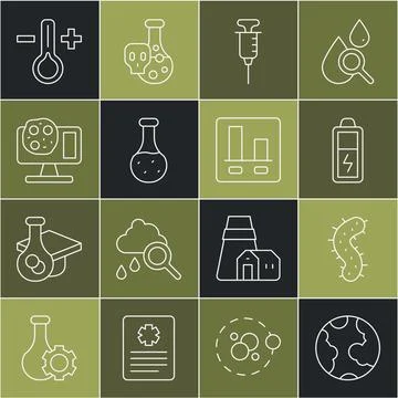 Set line Earth globe, Virus, Battery, Syringe, Test tube, Genetic engineering 스톡 일러스트