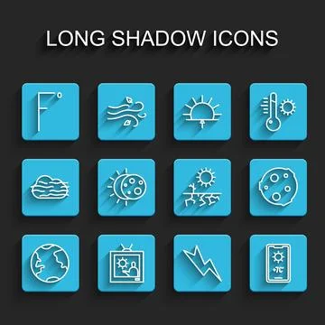 Set line Earth globe, Weather forecast, Fahrenheit, Lightning bolt, Eclipse.. Illustrazione stock