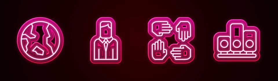 Set line Earth globe, Worker, Project team base and Ranking star. Glowing neon Stock Illustration