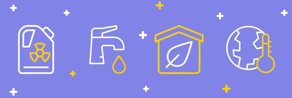 Set line Earth melting to global warming, Eco friendly house, Water tap and.. Stock Illustration