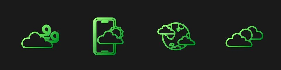 Set line Earth planet with clouds, Windy weather, Weather forecast and Sun and Stock Illustration