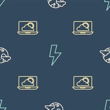 Set line Earth planet with clouds, Weather forecast and Lightning bolt on 스톡 일러스트