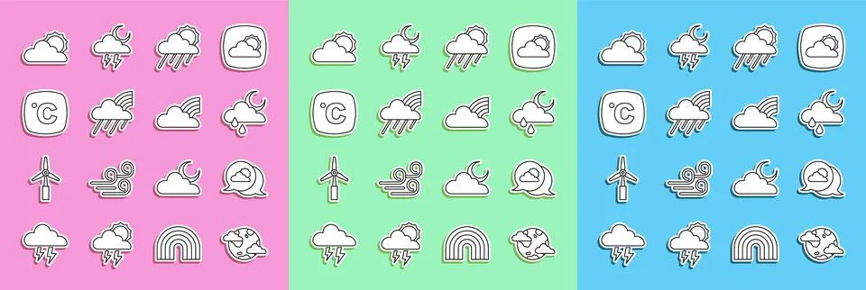 Set line Earth planet with clouds, Location, Cloud rain and moon, sun, Rainbow Ilustração Stock