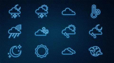 Set line Earth planet with clouds, Cloud rain and moon, Windy weather, Rainbo Stock Illustration