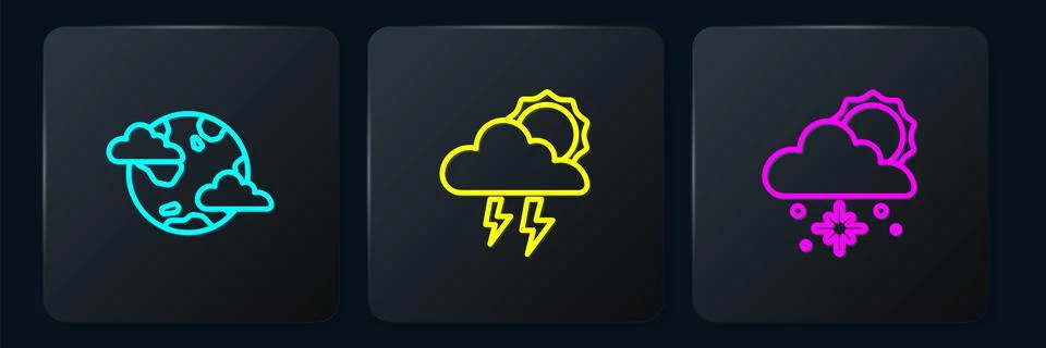 Set line Earth planet with clouds, Cloud snow and sun and Storm. Black squa.. Ilustração Stock