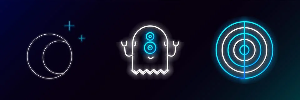 Set line Earth structure, Moon and stars and Alien icon. Glowing neon. Vector Stock Illustration