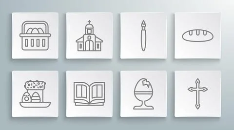 Set line Easter cake and eggs, Church building, Holy bible book, Chicken on 스톡 일러스트
