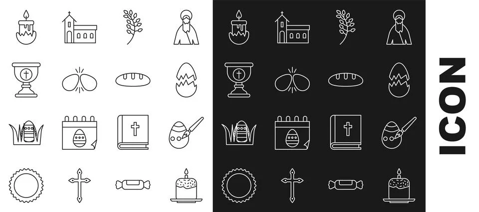 Set line Easter cake and candle, egg paint brush, Broken, Willow leaf, eggs Stock Illustration